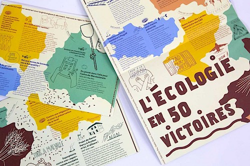Affiche ✺ Victoires de l'&eacute;cologie : Conception de Identité visuelle et réalisation de l&rsquo;Affiche-Poster autour des victoires de l&rsquo;écologie
☞ &Agrave; l&rsquo;occasion de ses 40 ans de parution en 2022,&nbsp;la revue &eacute;cologiste ind&eacute;pendante S!lence&nbsp;publie en octobre 2022 un dossier sp&eacute;cial sur&nbsp;"Les victoires de l&rsquo;&eacute;cologie"&nbsp;et, en parall&egrave;le de cela, une grande affiche qui pr&eacute;sente une carte de France des victoires de l&rsquo;&eacute;cologie.☞ Notre collectif a con&ccedil;u cette affiche-poster qui met en avant du contenu politique, &eacute;ducatif et informatif autour des luttes pour l&rsquo;&eacute;cologie avec un univers graphique sensible,color&eacute; et codifi&eacute; avec diff&eacute;rents niveaux de lecture.☞ La repr&eacute;sentation de la territorialisation des luttes &eacute;tait un objectif majeur dans la conception de cet objet papier. La carte g&eacute;ographique est un outil permettant de mettre en relation des notions et des espaces sp&eacute;cifiques.☞ Nous avons travaill&eacute; a hierachis&eacute; les diff&eacute;rents contenu textes, a cat&eacute;goriser les types de luttes, utilis&eacute; des couleurs chaudes / couleurs froides pour permettre un contraste et une lisibilit&eacute;
&nbsp;