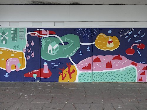 FRESQUE ✺ Fresqu&rsquo;iles - Paysages en commun : R&eacute;alisation de deux fresques (une &agrave; La Tracterie et 1 &agrave; c&ocirc;t&eacute; de la Maison de Quartier du Petit-Ivry), d&rsquo;&eacute;l&eacute;ments de signal&eacute;tiques (guirlandes de fanions) et d&rsquo;un kit sc&eacute;nique pour la Maison de Quartier du Petit-Ivry.
&ldquo;FRESQU'&Icirc;LES&rdquo; repose sur une d&eacute;marche d&rsquo;appropriation de l&rsquo;espace public, des
habitant&middot;es du quartier du Petit-Ivry, &agrave; travers un cycle d&rsquo;ateliers participatifs de cr&eacute;ation men&eacute; aux abords de La Tracterie et de La Maison de Quartier du Petit-Ivry.&nbsp;
&nbsp;
C'est un projet multiple qui se d&eacute;ploie tant sur le quartier que sur ses supports visuels : nous avons r&eacute;alis&eacute; avec les habitant&middot;es 2 fresques, des &eacute;l&eacute;ments de signal&eacute;tiques (fanions de guirlandes) et cr&eacute;e un kit festif pour embellir et habiller la placette &agrave; c&ocirc;t&eacute; de la Maison de Quartier du Petit-Ivry.
&nbsp;