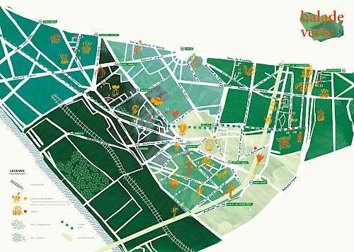 Cartographie ✺ Balade Verte : Conception et r&eacute;alisation d&rsquo;une cartographie des jardins du 12&egrave;me arrondissement de Paris
☞ Face &agrave; la n&eacute;cessit&eacute; d&rsquo;identifier spatialement les jardins et points de v&eacute;g&eacute;talisation dans le 12&egrave;me arrondissement, mais &eacute;galement de d&eacute;finir une identit&eacute; graphique claire, nous avons men&eacute; une recherche graphique sur le territoire afin d&rsquo;identifier visuellement les diff&eacute;rents &laquo; points verts &raquo; cl&eacute;s par et pour les habitant&middot;es.
Nous avons cr&eacute;&eacute; une identit&eacute; graphique qui nous a permis de r&eacute;aliser une cartographie sensible du territoire afin d&rsquo;y identifier les &eacute;l&eacute;ments nouveaux et attractifs.Cette carte est le point n&eacute;vralgique de la promenade dans les jardins puisqu&rsquo;elle concentre toutes les informations, lieux de rendez-vous, d&rsquo;&eacute;changes et de rencontres potag&egrave;res du quartier.
Projet port&eacute; par Paris Habitat et initi&eacute; par Le Claje, Local inter-associatif FECAMP
&nbsp;